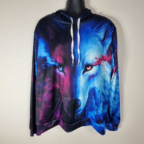 Wolf Galaxy Graphic Hoodie 4XL Unisex Pullover Drawstring Hood Polyester Blend - Picture 7 of 8